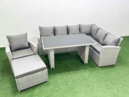 Rackhams Outdoor Garden Furniture Sets 8 Seater Rattan Corner Sofa Sets with Rectangular Dining Table Lounge Sofa Big Footstool Armchair Light Grey