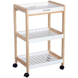 Rackhams Mobile Serving Trolley Kitchen Cart Pine Wood Rolling Wheels White - thumbnail 2