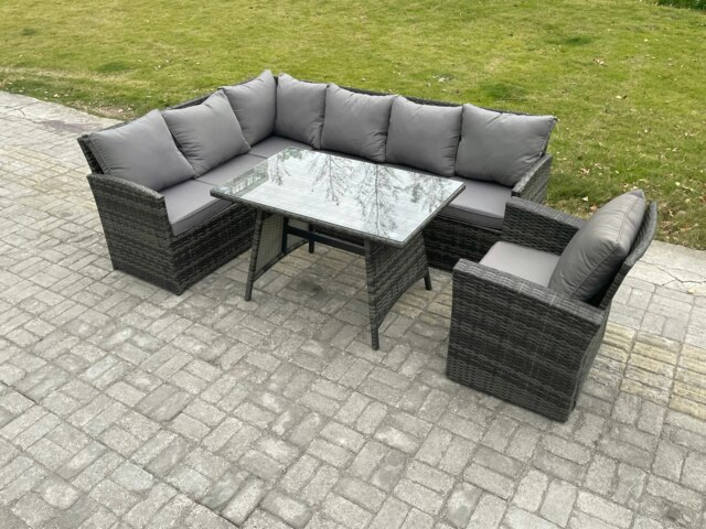 Rackhams Wicker Rattan Garden Furniture Corner Sofa Set with Oblong Dining Table Armchair 7 Seater Outdoor Rattan Set Dark Grey Mixed - image 1