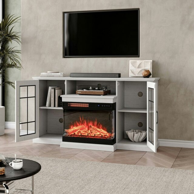 Rackhams Smallbee 3-Sided Fireplace TV Stand Wood With Glass Door Storage - White - Only Fireplace - image 1