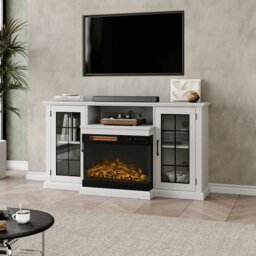 Rackhams Smallbee 3-Sided Fireplace TV Stand Wood With Glass Door Storage - White - Only Fireplace - thumbnail 2