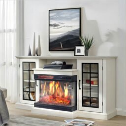 Rackhams Smallbee 3-Sided Fireplace TV Stand Wood With Glass Door Storage - White - Only Fireplace - thumbnail 6