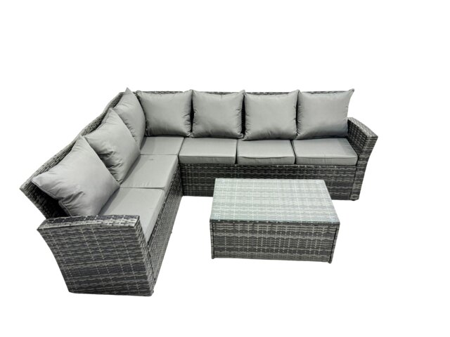 Rackhams High Back Rattan Corner Sofa Set Oblong Coffee Table Outdoor Furniture dark Grey Left Option - image 1