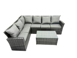 Rackhams High Back Rattan Corner Sofa Set Oblong Coffee Table Outdoor Furniture dark Grey Left Option