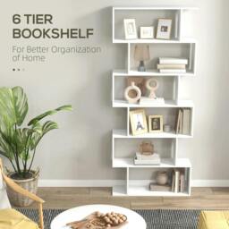 Rackhams Bookcase, 6 Tier Shelf S Shaped Bookshelf, Storage Unit, Display Shelf for Living Room, Bedroom, Home Office, Plant, White - thumbnail 4