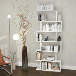 Rackhams Bookcase, 6 Tier Shelf S Shaped Bookshelf, Storage Unit, Display Shelf for Living Room, Bedroom, Home Office, Plant, White - thumbnail 2