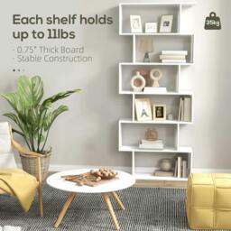 Rackhams Bookcase, 6 Tier Shelf S Shaped Bookshelf, Storage Unit, Display Shelf for Living Room, Bedroom, Home Office, Plant, White - thumbnail 6
