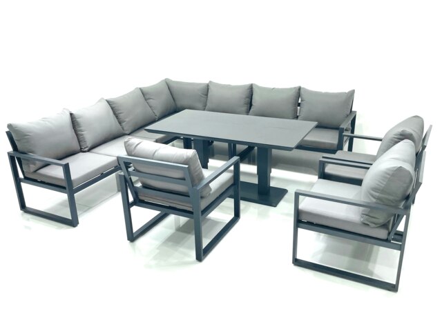 Rackhams 10 Seater Outdoor Aluminum Garden Furniture Set Corner Sofa 3 Chairs Adjustable Rising Lifting Dining Table Sets Dark Grey