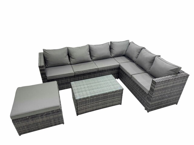 Rackhams Outdoor PE Rattan Garden Furniture Sofa Set with Oblong Coffee Table Big Stool Dark Grey - image 1