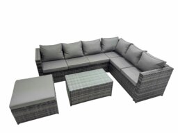 Rackhams Outdoor PE Rattan Garden Furniture Sofa Set with Oblong Coffee Table Big Stool Dark Grey - thumbnail 1