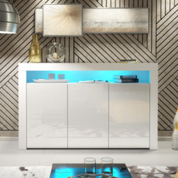 Rackhams 155cm Sideboard TV Stand Cupboard Cabinet – White High Gloss Doors with Free LED - 155cm  - White Matt Body & White Gloss Doors -  MDF/Chipboard - thumbnail 3