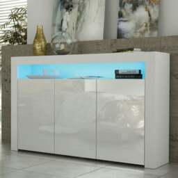 Rackhams 155cm Sideboard TV Stand Cupboard Cabinet – White High Gloss Doors with Free LED - 155cm  - White Matt Body & White Gloss Doors -  MDF/Chipboard