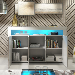 Rackhams 155cm Sideboard TV Stand Cupboard Cabinet – White High Gloss Doors with Free LED - 155cm  - White Matt Body & White Gloss Doors -  MDF/Chipboard - thumbnail 4