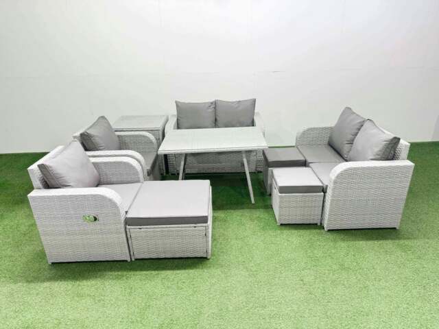 Rackhams 9 Seater Rattan Garden Furniture Set Outdoor Love Sofa Set with Rectangular Dining Table Side Table 3 Footstools Light Grey - image 1
