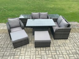 Rackhams PE Rattan Outdoor Dining Set - Height Adjustable Lifting Table, Loveseat, Reclining Chair, 2 Side Tables & 2 Big Footstools - thumbnail 2