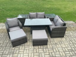 Rackhams PE Rattan Outdoor Dining Set - Height Adjustable Lifting Table, Loveseat, Reclining Chair, 2 Side Tables & 2 Big Footstools - thumbnail 1