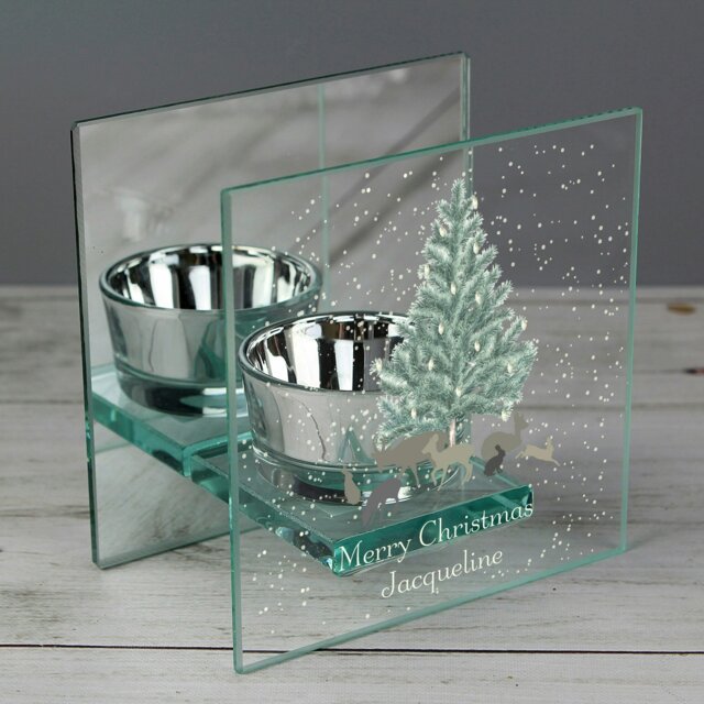 Rackhams Personalised A Winter's Night Mirrored Glass Tea Light Candle Holder - image 1