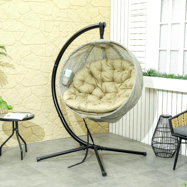 Rackhams Hanging Egg Chair Outdoor Indoor Swing Chair, Folding Basket, Grey - Khaki - image 1