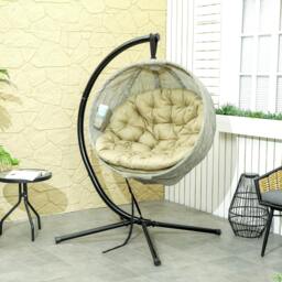Rackhams Hanging Egg Chair Outdoor Indoor Swing Chair, Folding Basket, Grey - Khaki