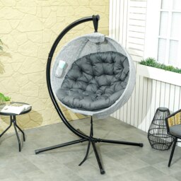 Rackhams Hanging Egg Chair Outdoor Indoor Swing Chair, Folding Basket, Grey - Khaki - Steel, Texteline - 116W x 125D x 172Hcm - thumbnail 3