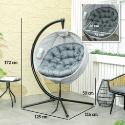 Rackhams Hanging Egg Chair Outdoor Indoor Swing Chair, Folding Basket, Grey - Khaki - Steel, Texteline - 116W x 125D x 172Hcm - thumbnail 6
