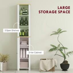 Rackhams Nifael Slim Bathroom Storage Cabinet With OFauxn Compartment And Adjustable Shelves White 34 x 23 x 165 cm - thumbnail 4
