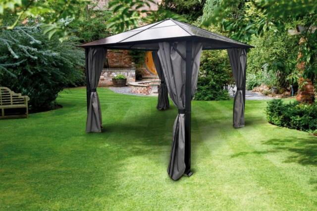 Rackhams Peninsula Polycarbonate Roof Garden Gazebo with Grey Curtains – Black Frame - 2 Sizes - Grey - 3m x 3m - image 1