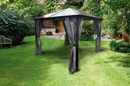 Rackhams Peninsula Polycarbonate Roof Garden Gazebo with Grey Curtains – Black Frame - 2 Sizes - Grey - 3m x 3m - thumbnail 1