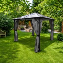 Rackhams Peninsula Polycarbonate Roof Garden Gazebo with Grey Curtains – Black Frame - 2 Sizes - Grey - 3m x 3m
