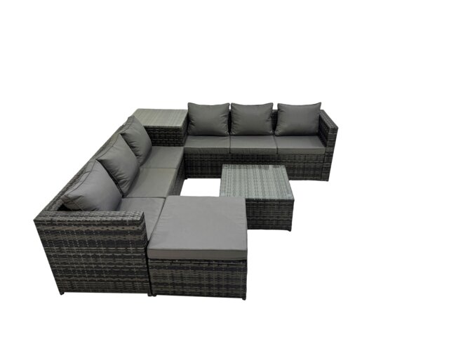 Rackhams 7 Seater Garden Outdoor Rattan Furniture Set Patio Corner Sofa Coffee Table with Big Stool Dark Grey - image 1