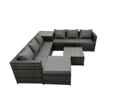 Rackhams 7 Seater Garden Outdoor Rattan Furniture Set Patio Corner Sofa Coffee Table with Big Stool Dark Grey - thumbnail 1