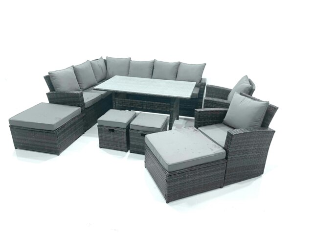 Rackhams Outdoor Furniture Garden Dining Set Rattan Corner Sofa Set with 4 Footstools 2 Armchairs Dark Grey Mixed - image 1