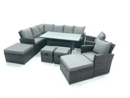 Rackhams Outdoor Furniture Garden Dining Set Rattan Corner Sofa Set with 4 Footstools 2 Armchairs Dark Grey Mixed - thumbnail 1