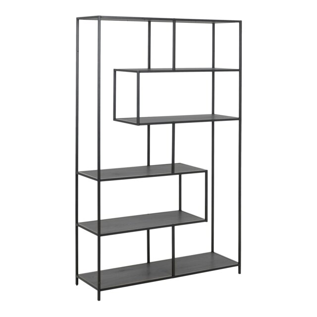 Rackhams Seaford Black Metal Large Asymmetrical Bookcase with 5 Black Shelves - 1 - Black - Wood - image 1