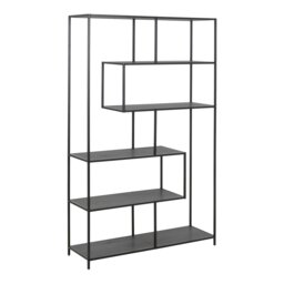 Rackhams Seaford Black Metal Large Asymmetrical Bookcase with 5 Black Shelves - 1 - Black - Wood