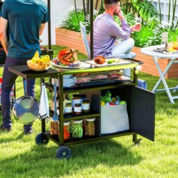 Rackhams Stainless Steel Outdoor BBQ Trolley with Folding Side table, Black - Black - Stainless Steel, Metal - 127W x 51D x 84H cm - thumbnail 1