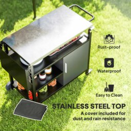 Rackhams Stainless Steel Outdoor BBQ Trolley with Folding Side table, Black - Black - Stainless Steel, Metal - 127W x 51D x 84H cm - thumbnail 3
