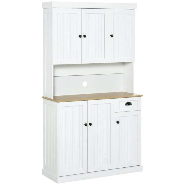 Rackhams 180cm Freestanding Kitchen Cabinet, Modern Storage Cupboard with Open Countertop, Drawer and 6 Doors, White - image 1