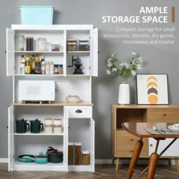 Rackhams 180cm Freestanding Kitchen Cabinet, Modern Storage Cupboard with Open Countertop, Drawer and 6 Doors, White - thumbnail 4