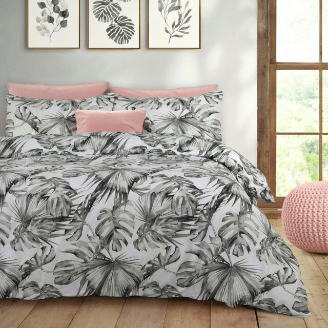 Rackhams Tropical Leaf Printed Cotton Blend Duvet Cover and Pillowcase Set - Grey - Double - image 1