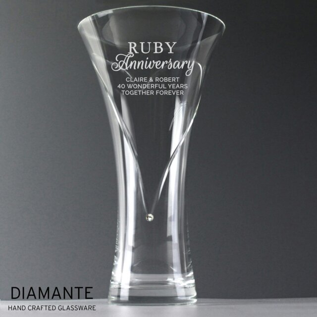 Rackhams Personalised Ruby Anniversary Large Hand Cut Diamante Heart Vase - image 1