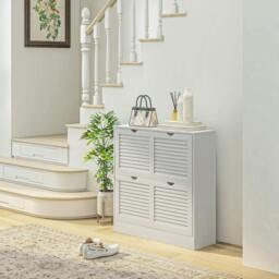 Rackhams 2 Drawers Entryway Shoe Cabinet, Narrow Shoe Storage Cabinet with 2 Flip Drawers, Louvred Door Design and Adjustable Shelves, White - thumbnail 2