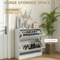 Rackhams 2 Drawers Entryway Shoe Cabinet, Narrow Shoe Storage Cabinet with 2 Flip Drawers, Louvred Door Design and Adjustable Shelves, White - thumbnail 4