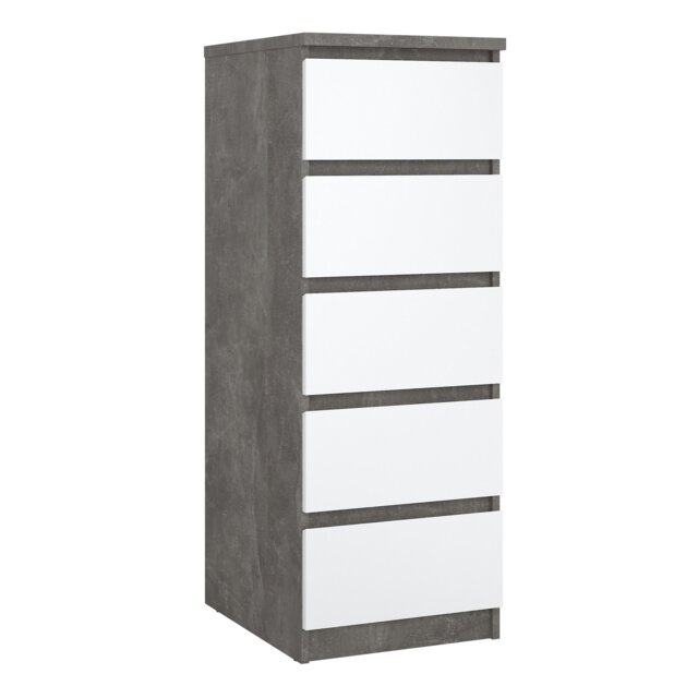 Rackhams Naia Narrow Chest of 5 Drawers in Concrete and White High Gloss - Grey & White - High Gloss - Melamine - image 1