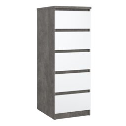 Rackhams Naia Narrow Chest of 5 Drawers in Concrete and White High Gloss - Grey & White - High Gloss - Melamine