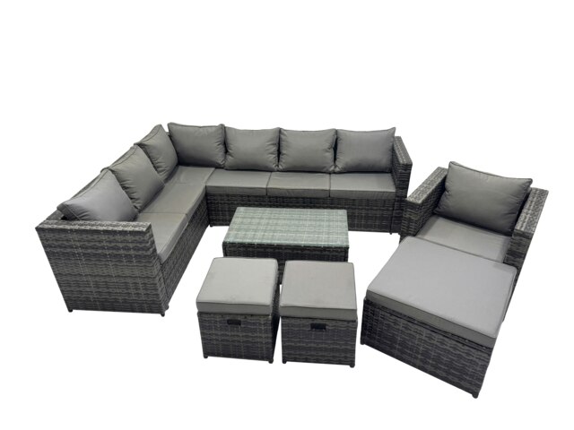 Rackhams Outdoor Rattan Rectangular Coffee Table Corner Sofa Sets Garden Furniture Set with 2 Small Stools Dark Grey Mixed - image 1