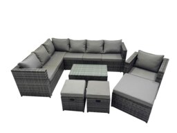 Rackhams Outdoor Rattan Rectangular Coffee Table Corner Sofa Sets Garden Furniture Set with 2 Small Stools Dark Grey Mixed - thumbnail 1