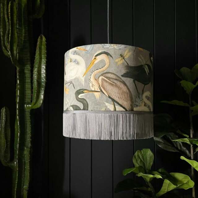 "Rackhams Bird Song Lampshade in Soft Grey With Grey Fringing - Table / Floor Lamp - 40cm Diameter x 25cm Height (16"" x 10"")" - image 1