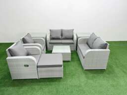 Rackhams 7 Seater Outdoor Reclining Chair Love Sofa Set Rattan Garden Furniture Set with Square Coffee Table Footstool 2 Side Tables Light Grey - thumbnail 1