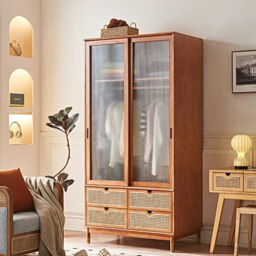 Rackhams Fritzy Rattan Wardrobe With Coat Hanger & Sliding Glass Doors - thumbnail 2